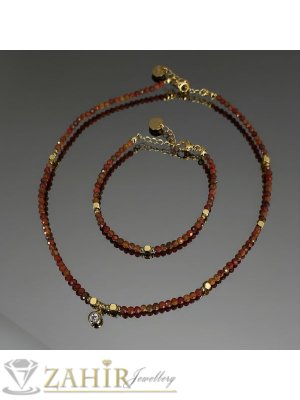  Изящен ръчно изработен комплект от естествени камъни конячен гранат 3 мм фасета, висулка кристал и накрайници стомана, колие в 2 дължини и гривна 17+5 см удължител - KM1055